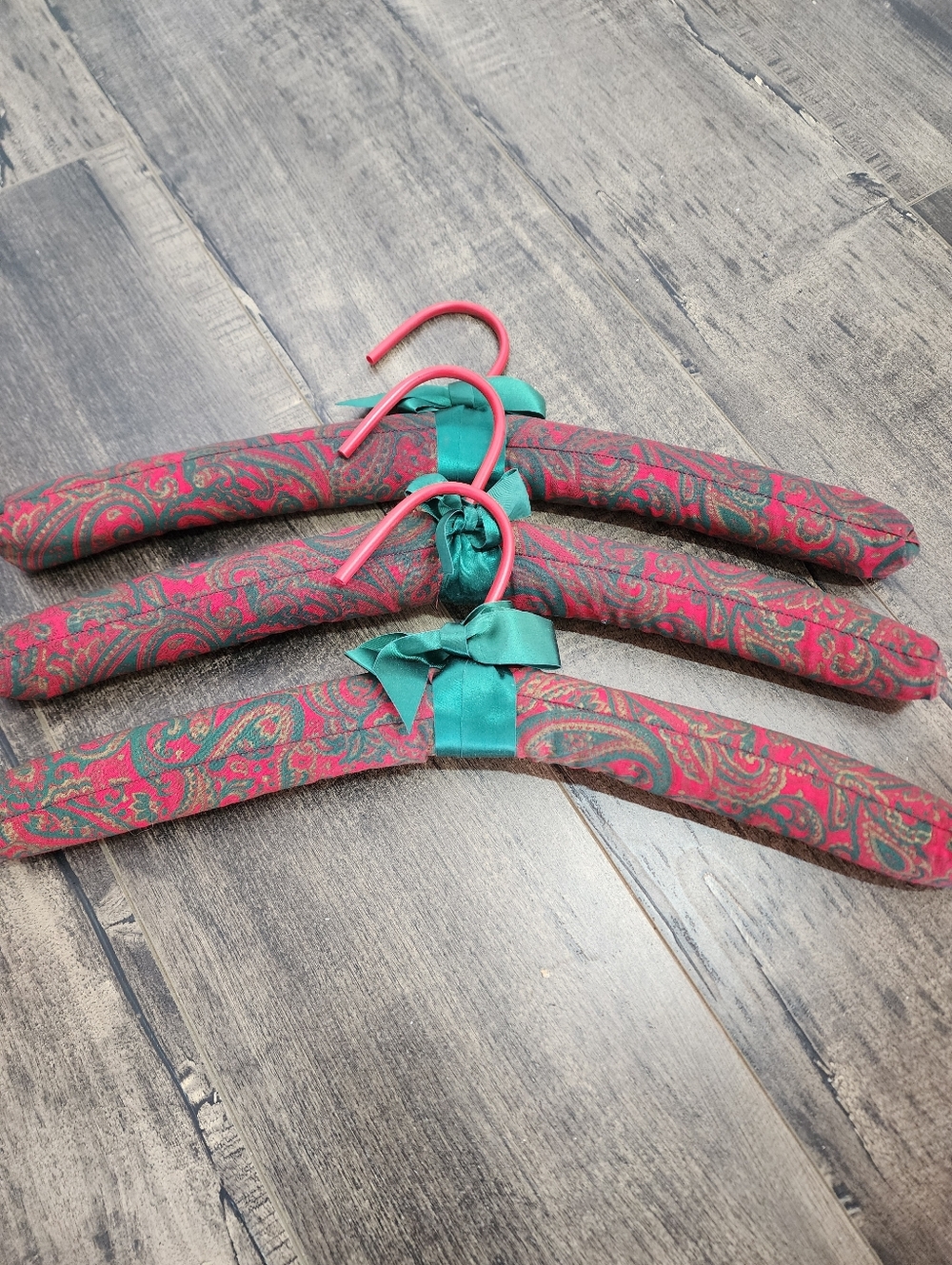 Set of 3 Padded Paisley Hangers with Teal Bows, 15" wide
